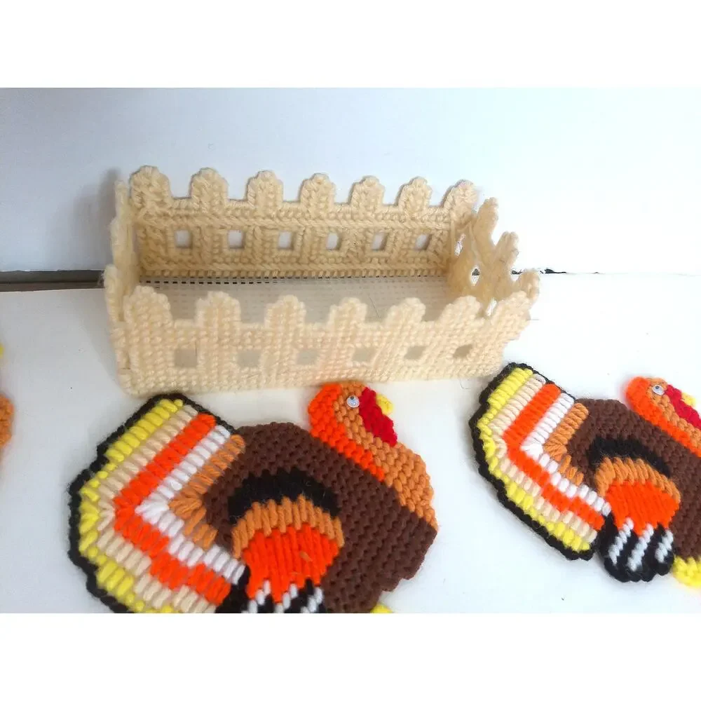 Vintage Plastic Canvas Needlepoint Thanksgiving Holiday Coasters Caddy Set of 12